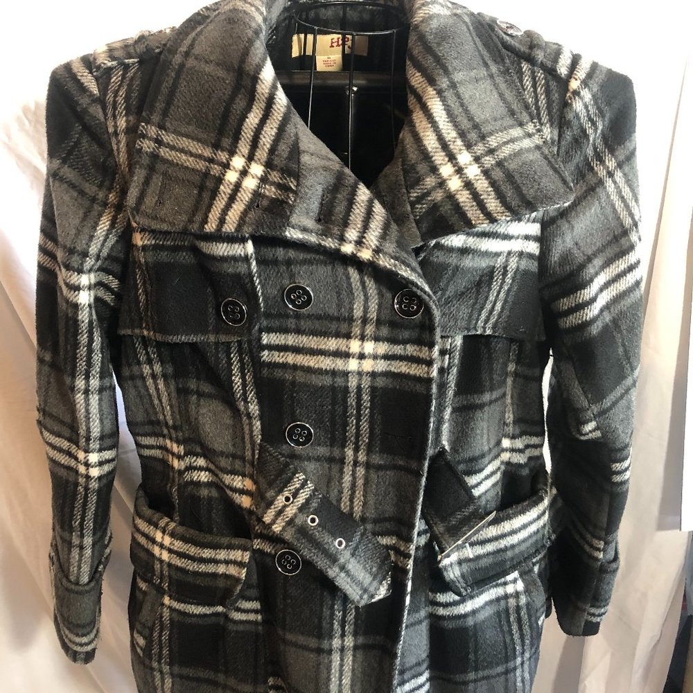 H2J Womens XL Black Plaid Jacket Coat Pea Coat